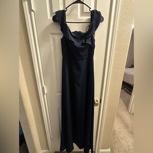 Adrianna Papell Navy Ruffled Zippered Gown Off The Shoulder Full Length